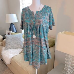 Boho Casual Aqua Green Paisley Print Top 1X